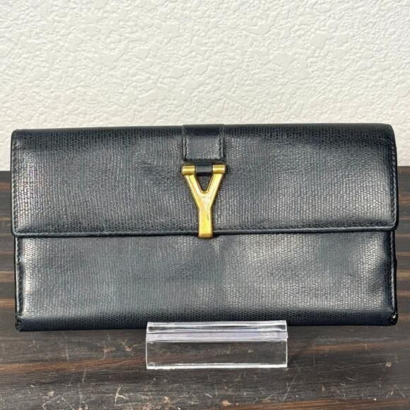 YSL Saint Laurent Paris Y Line Calfskin Leather Long Wallet - Picture 1 of 14